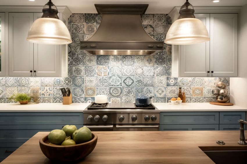 Coastal kitchen with hand painted ceramic tile backsplash