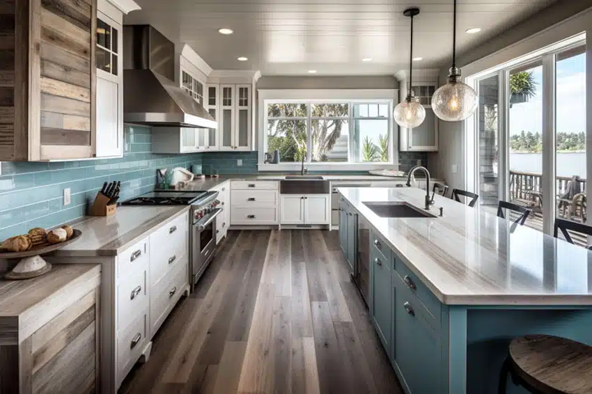 Kitchen with aqua blue glass backsplash and wood, aqua and white cabinets