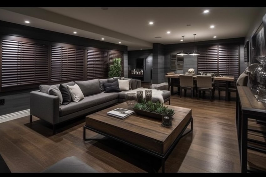 Contemporary basement living room with faux wood blinds, living room, and dining room furniture pieces