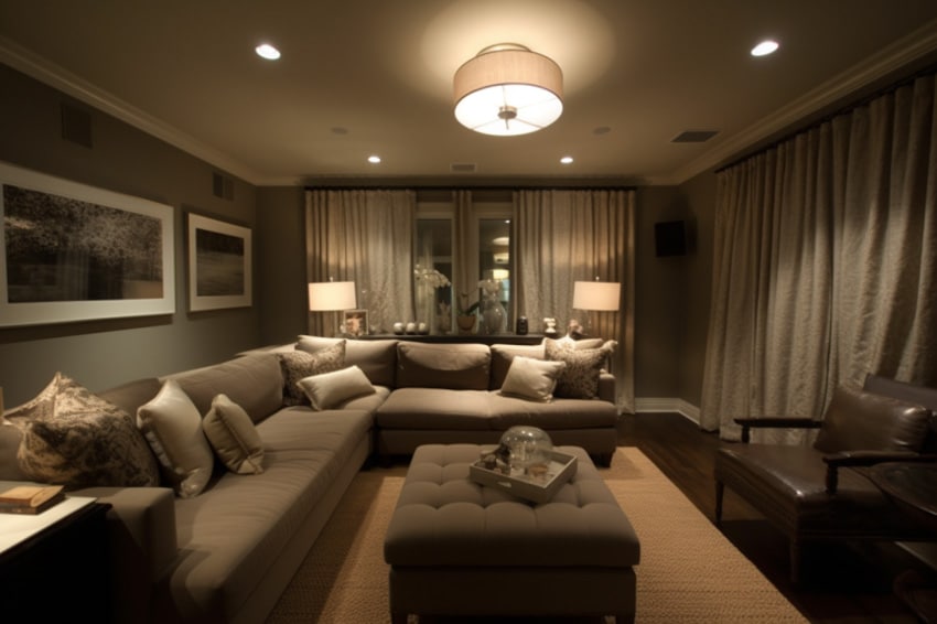 Basement with curtains, taupe sectional and ottoman