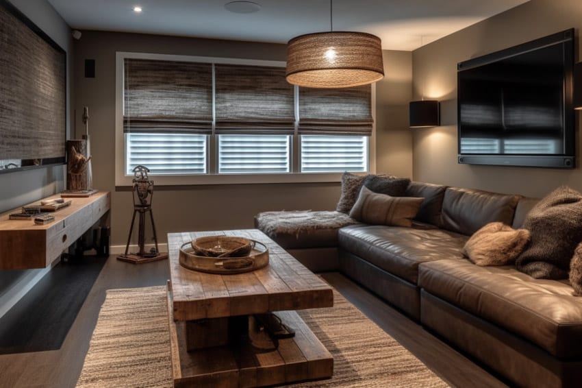 Contemporary basement living room with window shades, coffee table, and television