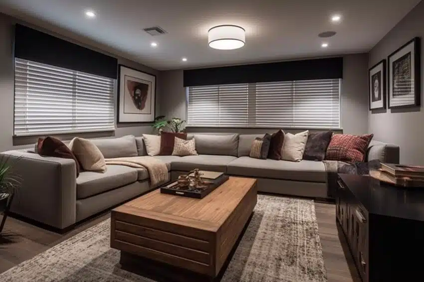 Basement with gray sofa and brown ans rust colored throw pillows