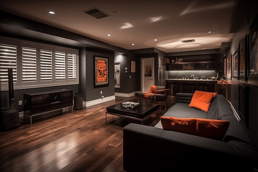 Contemporary basement living room with shutters, coffee table, sofa, and bar area