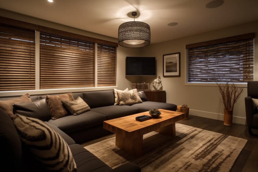Basement with window blinds, sectional sofa, and pendant light