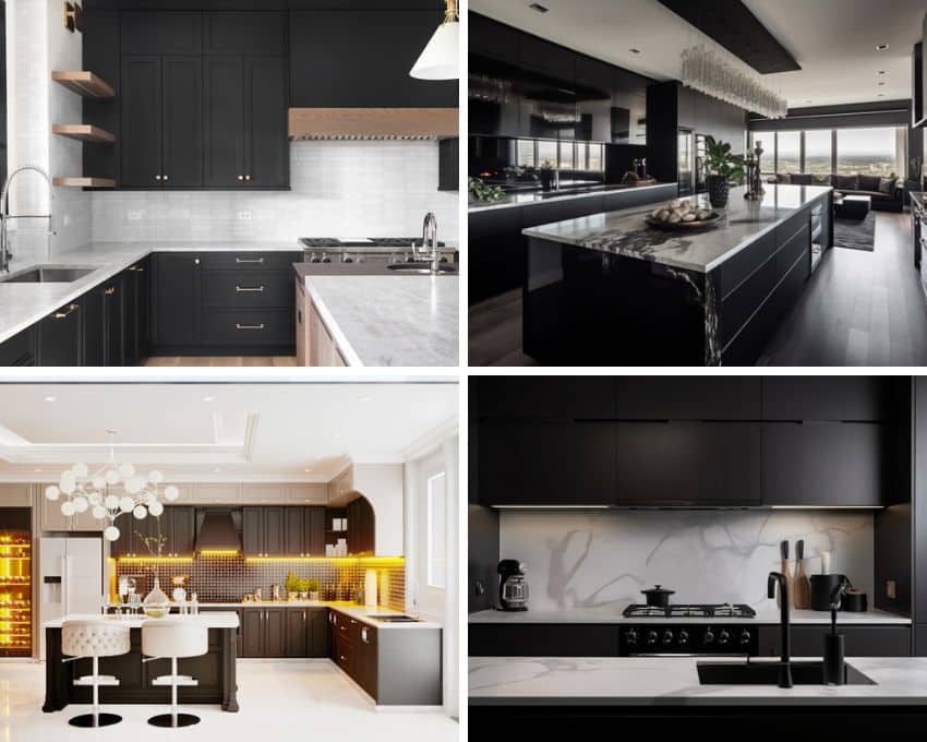 Different kitchen designs with black cabinets, white countertops, backsplashes, and islands