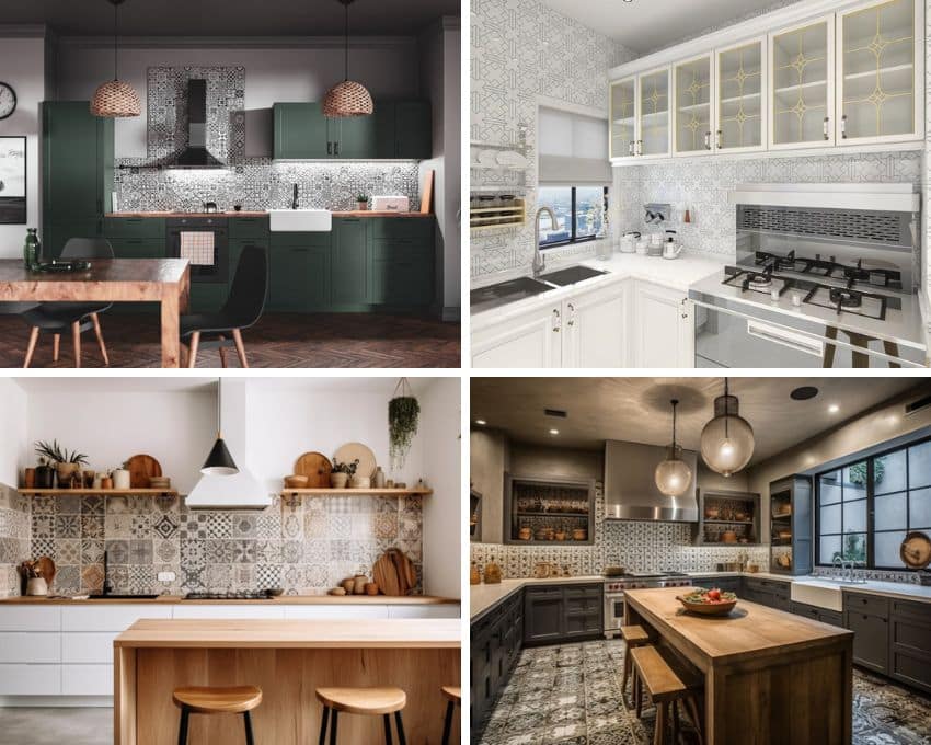 Different kitchen designs with cement backsplashes, cabinets, and countertops