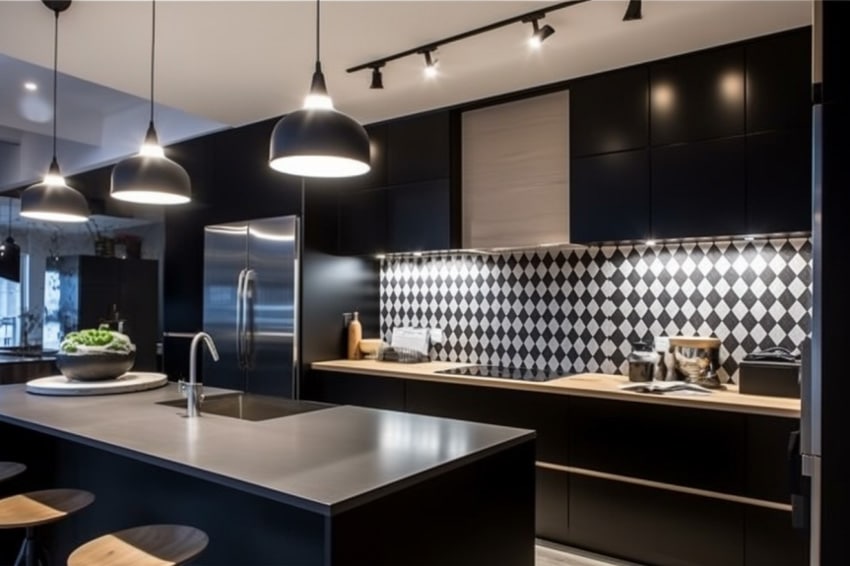 Kitchen with patterned square backsplash, and track lighting