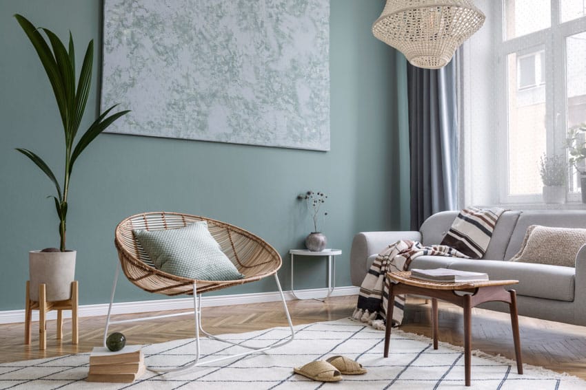 Modern boho living room with chair, coffee table, sofa, rug, indoor plant, carpet, pendant light, and window