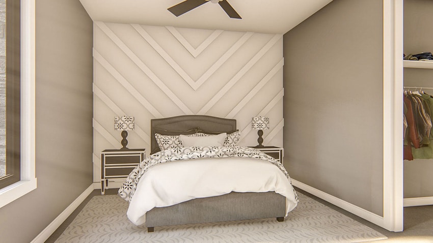 Bedroom with panel wall, ceiling fan, and nightstands