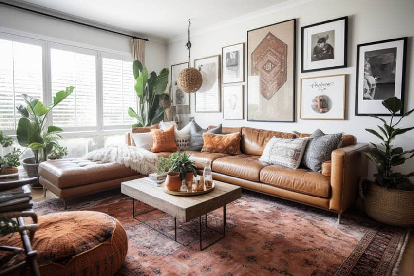 Modern boho living room with leather couch and ottoman