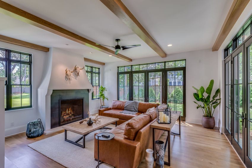 Gas fireplace, and exposed wood ceiling beams