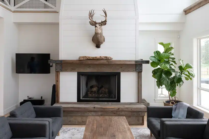 White shiplap and rough wood mantel surround fireplace wall, deer decor, and black armchairs