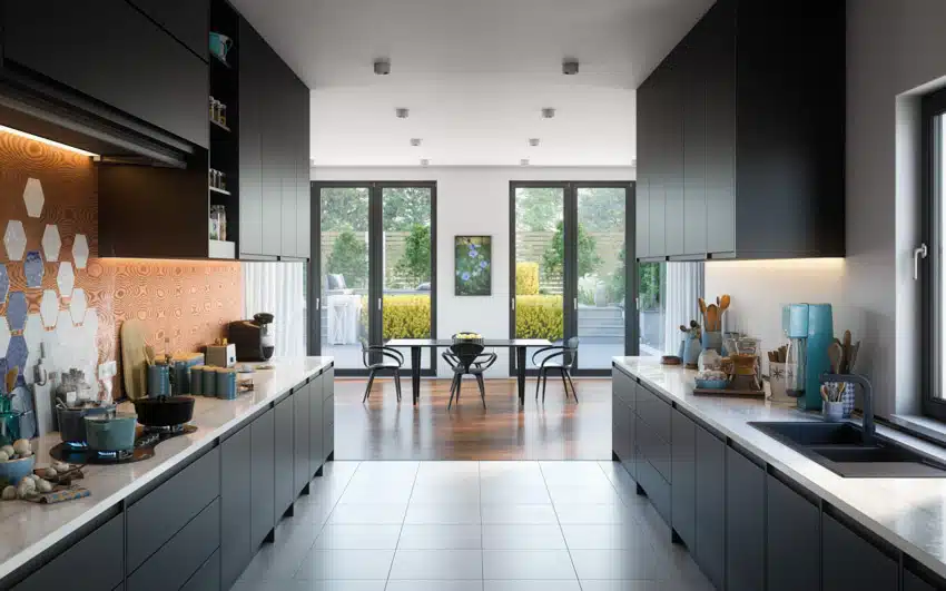 Modern galley kitchen with hexagon backsplash