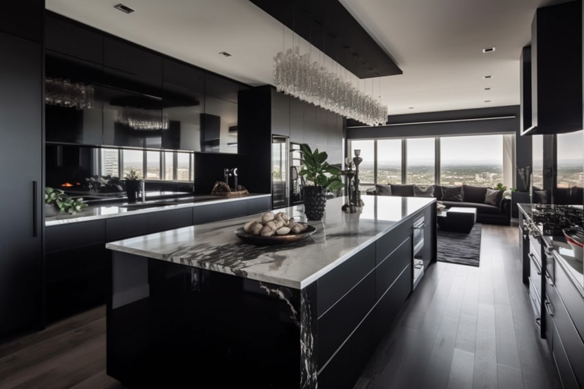 Kitchen with sleek cabinets, and black glossy backsplash
