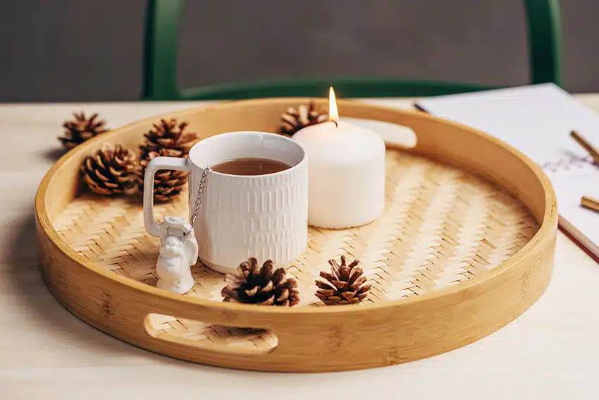 Bamboo tray with mug and votive candle