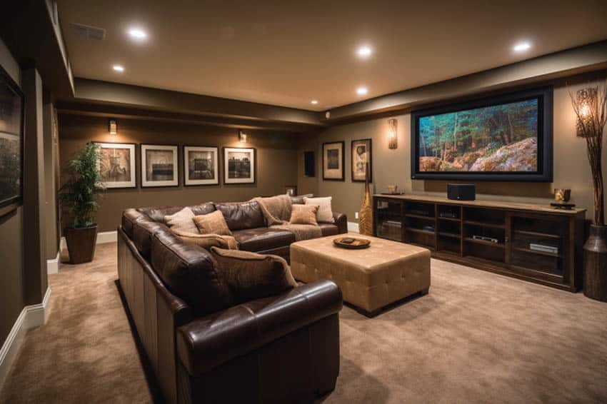 Brown basement with wall mounted tv