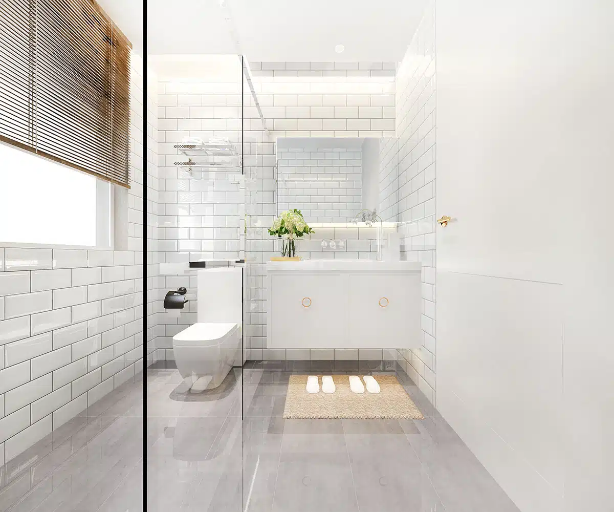 Bathroom with subway shower tile floating vanity cabinet window blinds
