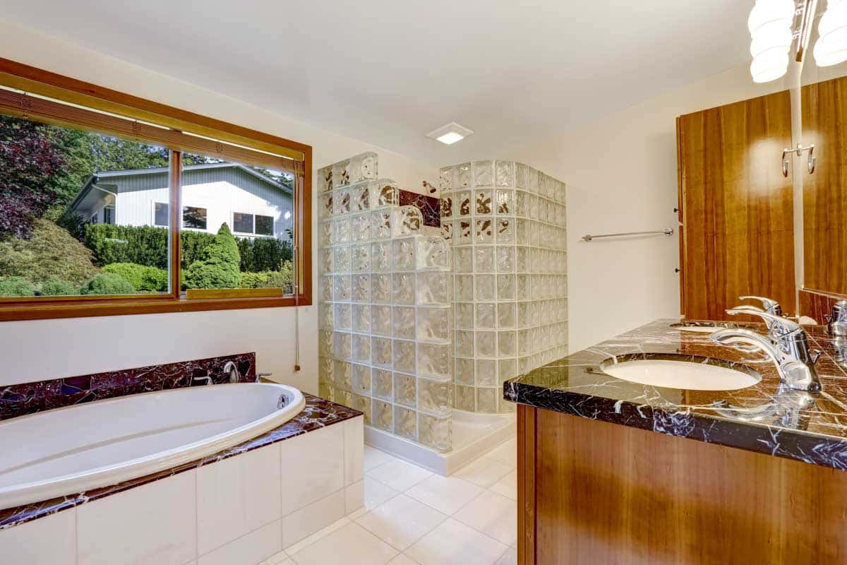 bathroom with glass block shower and tub