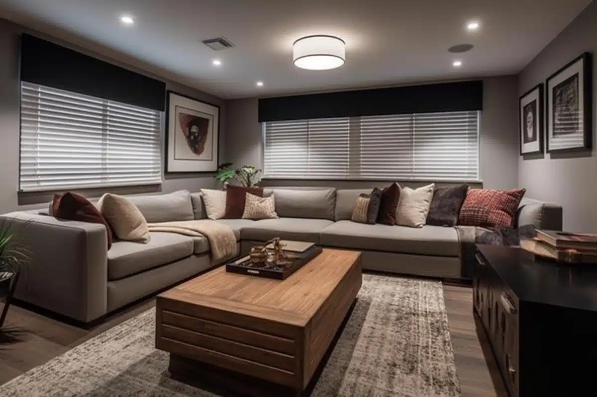 Contemporary basement room with window shades, sectional sofa and rectangular rug