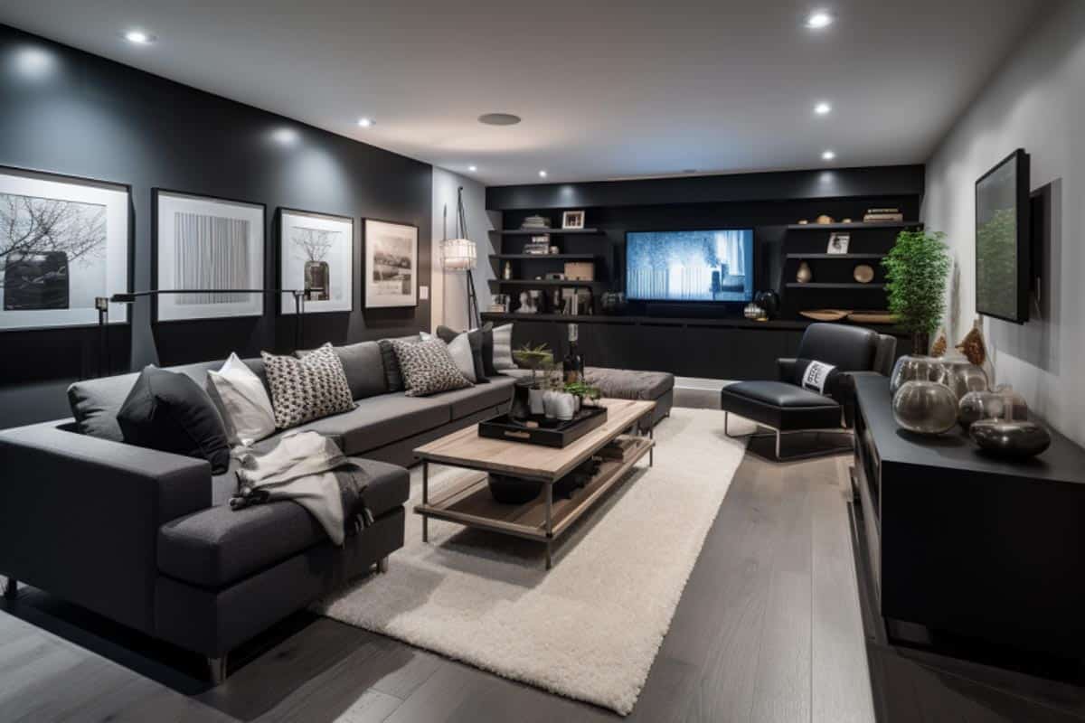 contemporary black and white basement