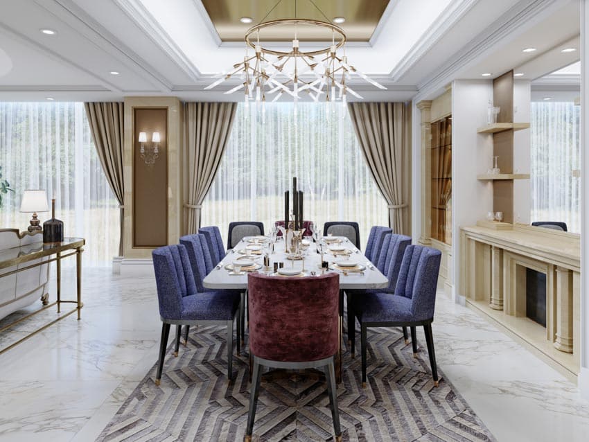 Dining room with table chairs and chandelier