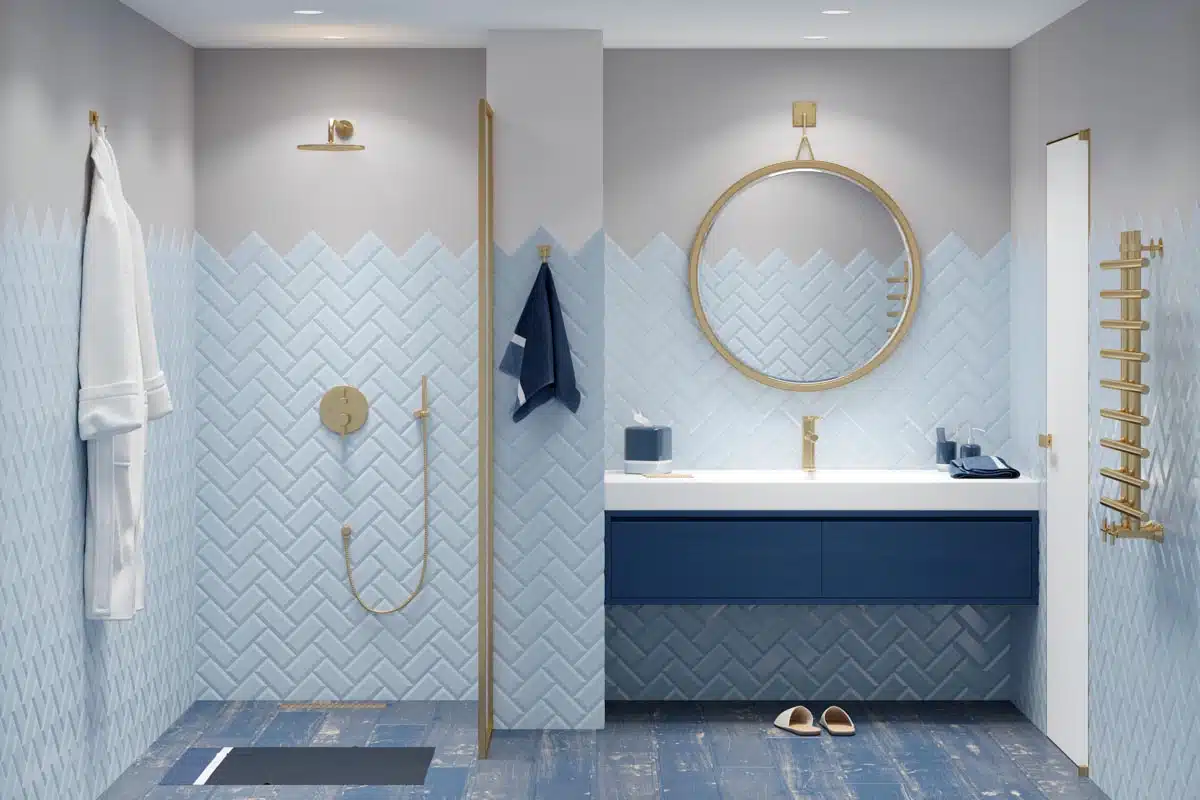 doorless shower concept inside bathroom with mirrors and vanity area