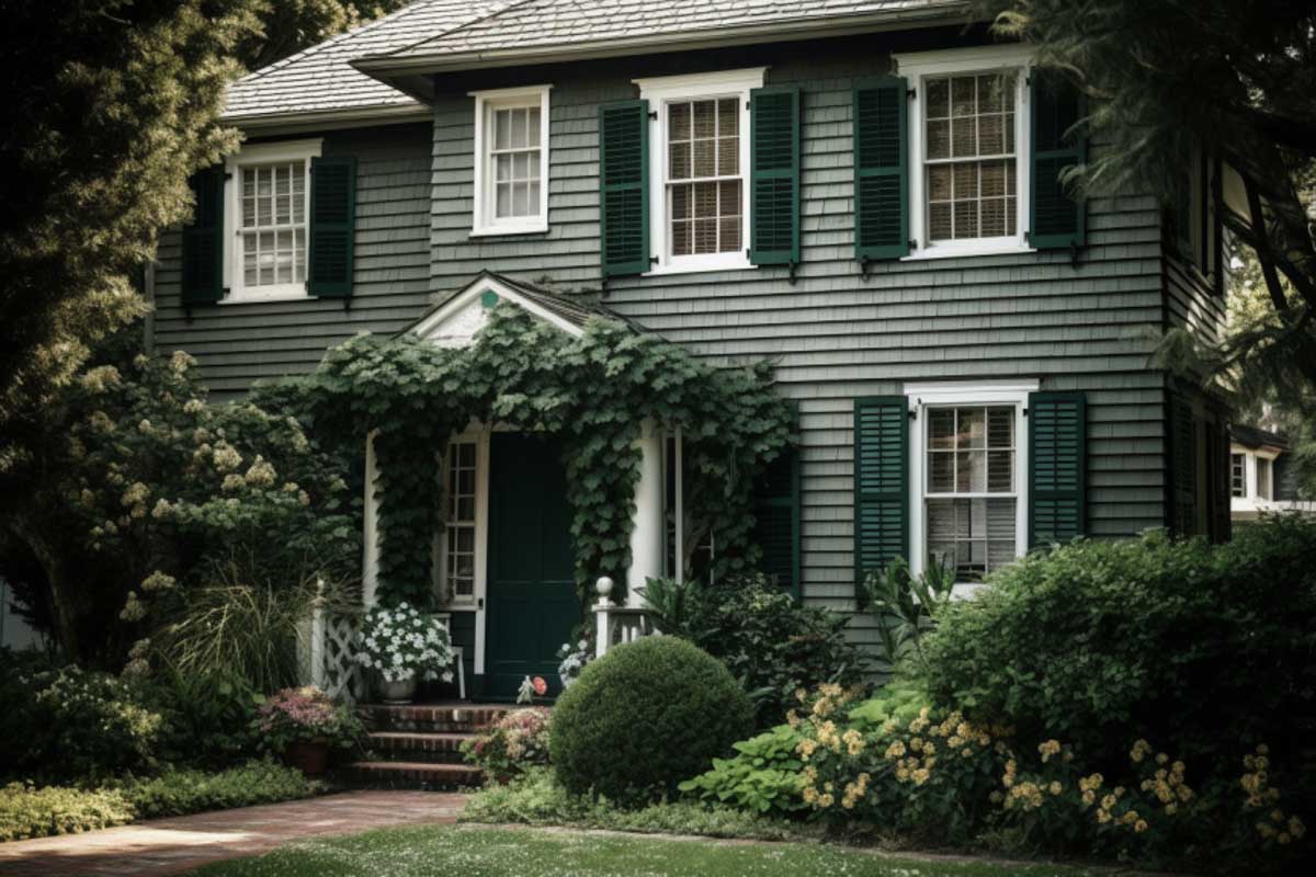 gray house with dark green shutters