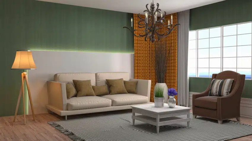 green room with wallpaper table and sofa