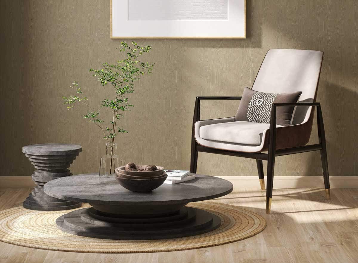 interior space with round rug chair and plant