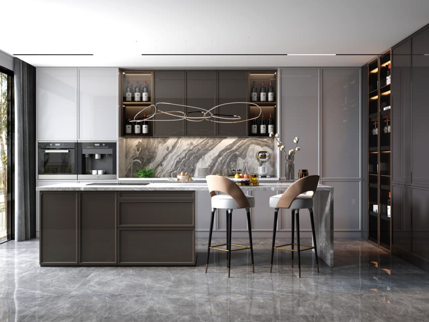 kitchen with backsplash and gray cabinets