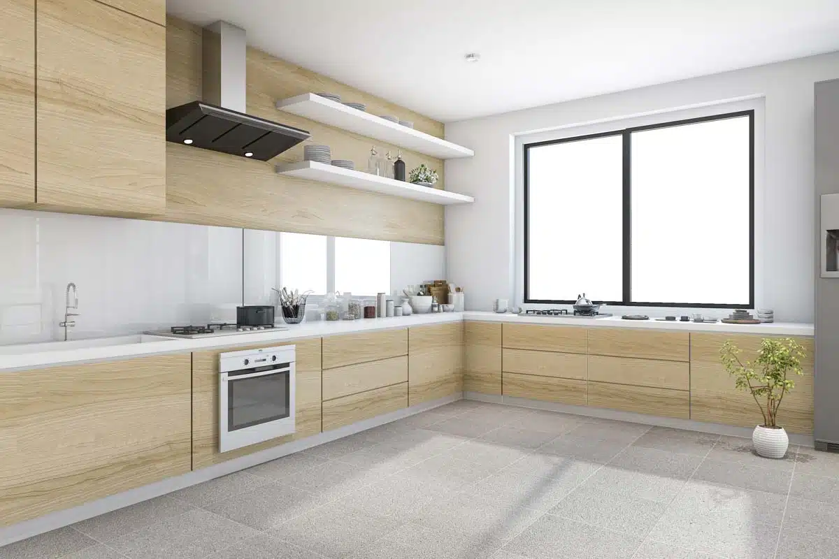 kitchen with glossy backsplash cabinets and windows