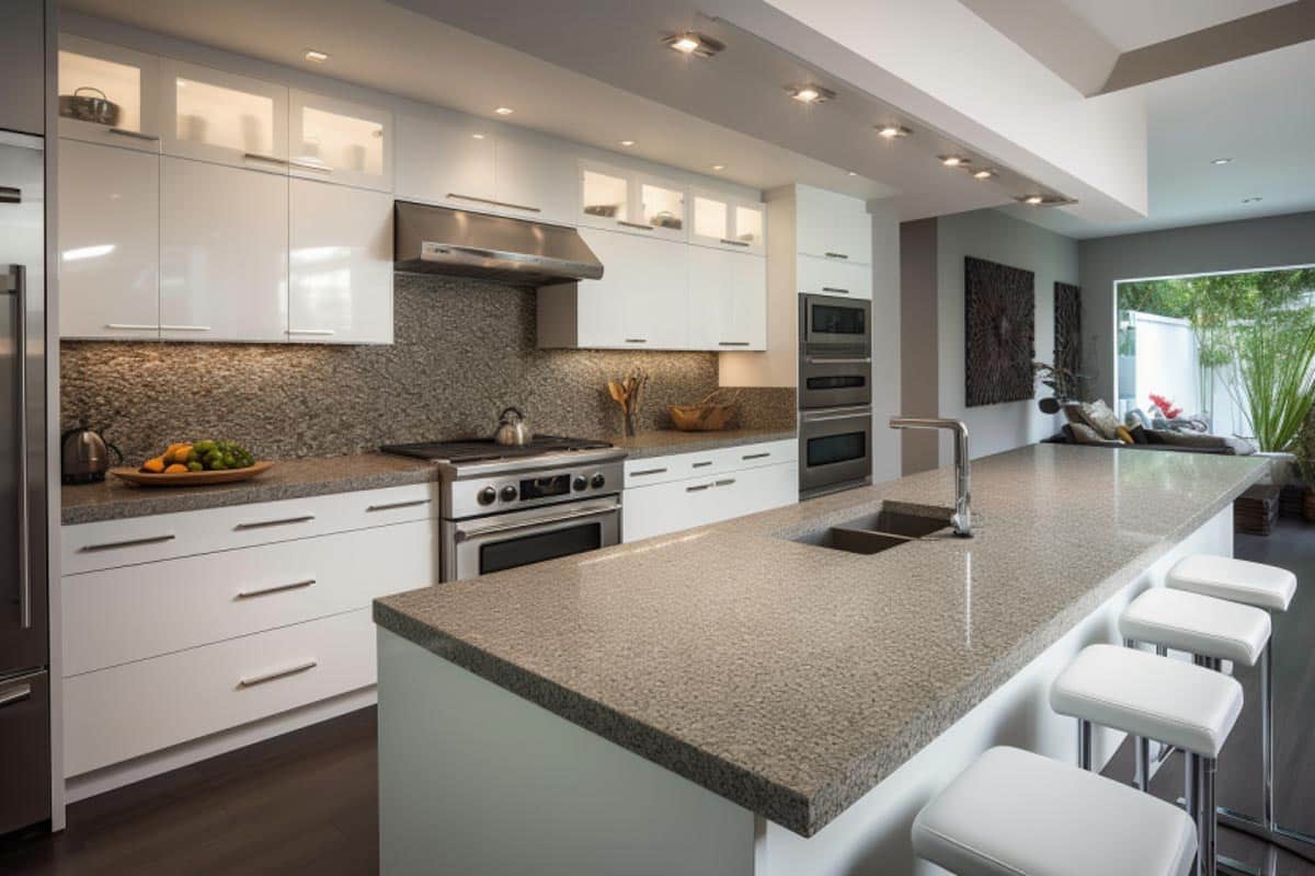 kitchen with tiny pebble surface backsplash and white cabinets