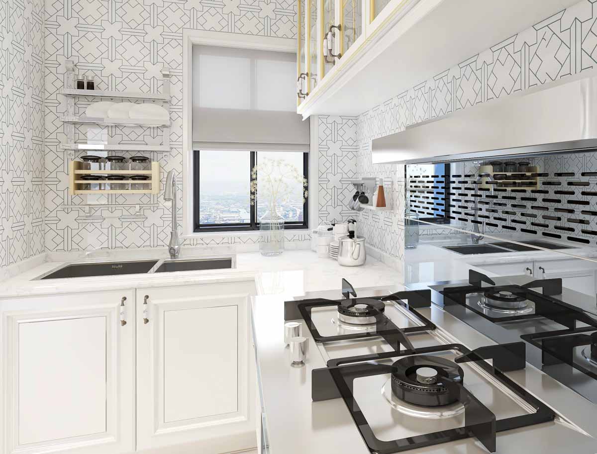 kitchen with wallpaper stove and cabinets