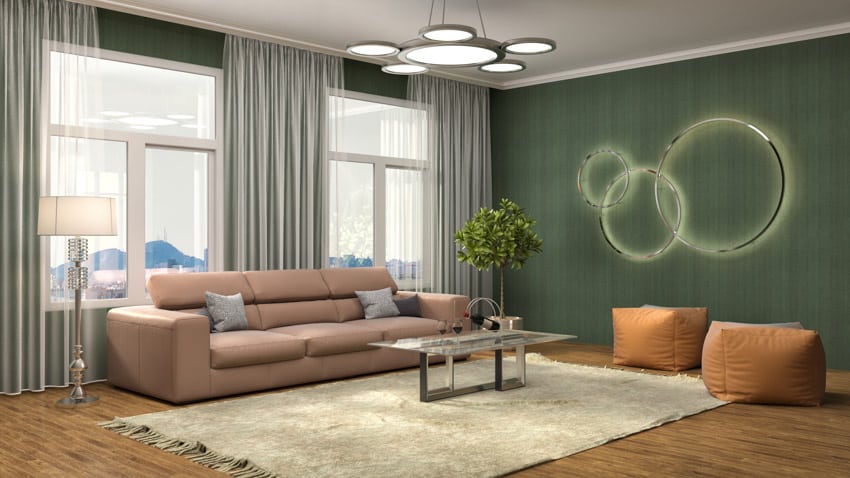 Living space with grasscloth wall sofa table and window
