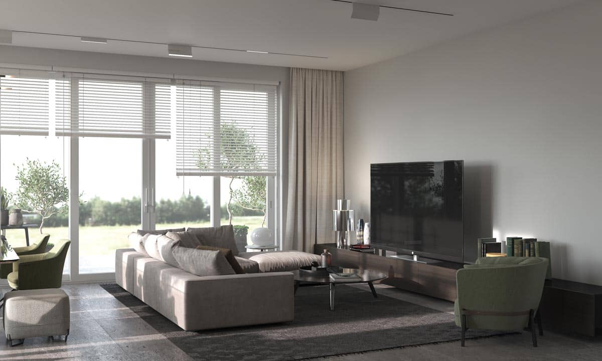 luxury room with sofa blinds rug and tv