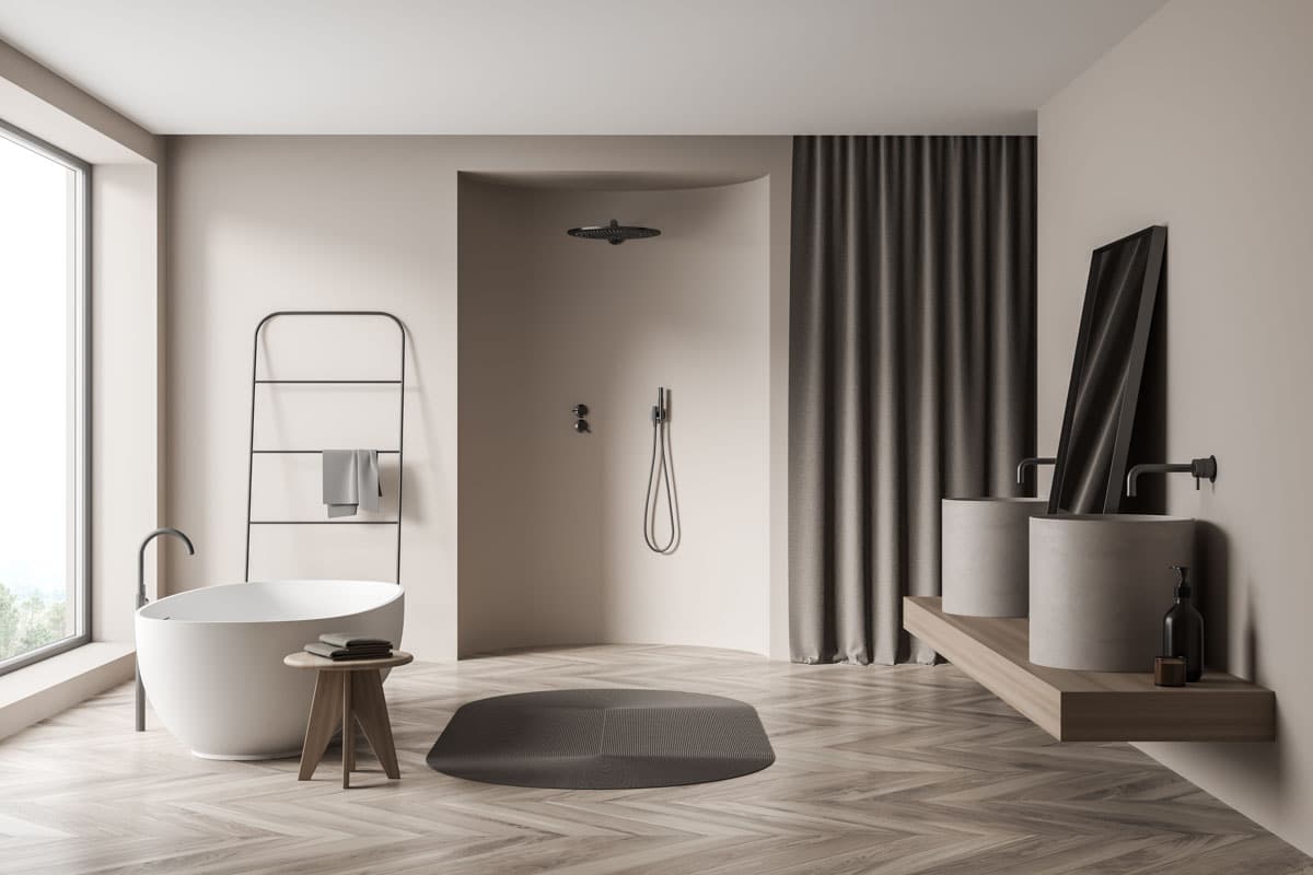 minimalist bathroom with shower curtains and tub