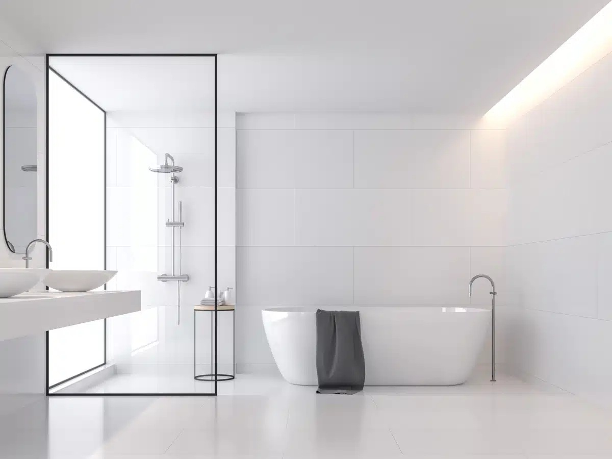 modern bathroom with framed enclosure shower
