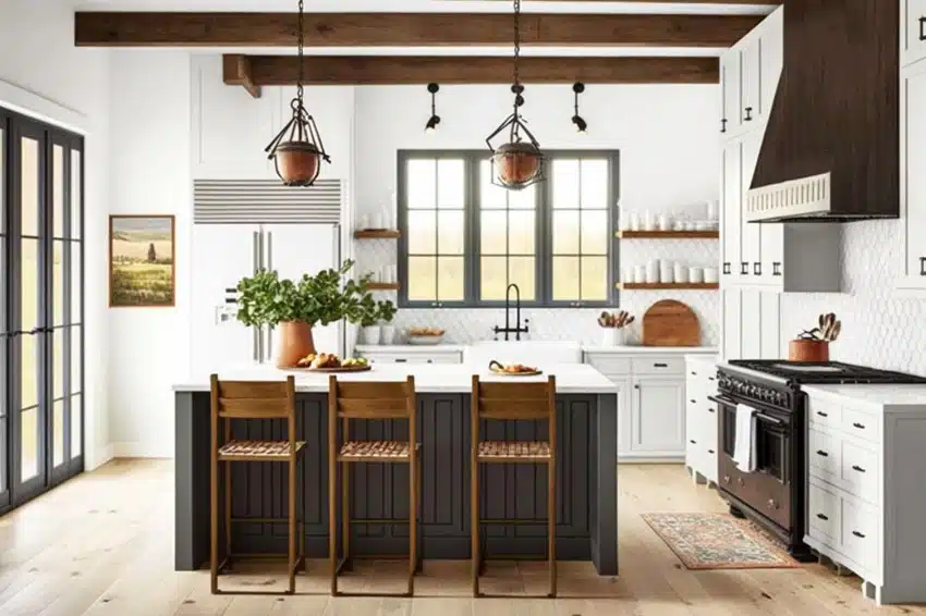 Modern farmhouse kitchen and dark color island with white wall tile