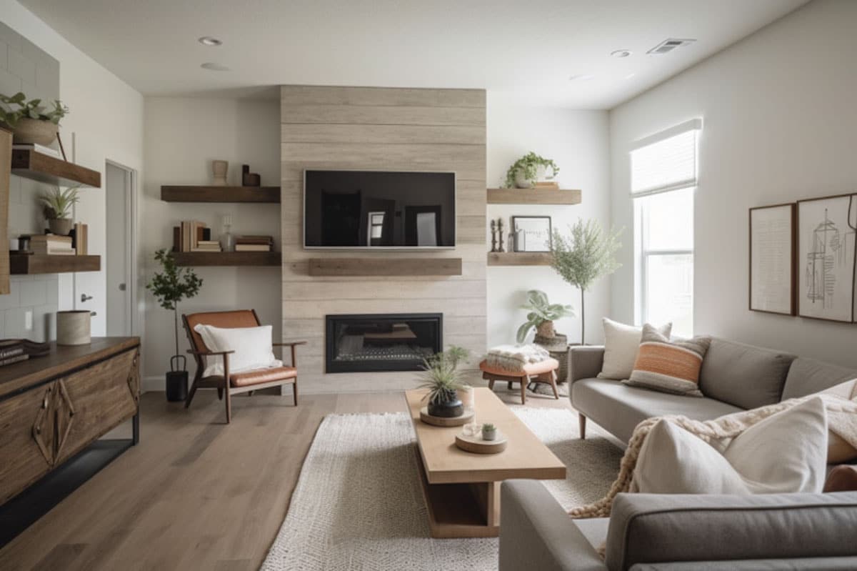 modern farmhouse living room with reclaimed wood fireplace wall television coffee table sofa armchair dresser floating shelves indoor plants and windows