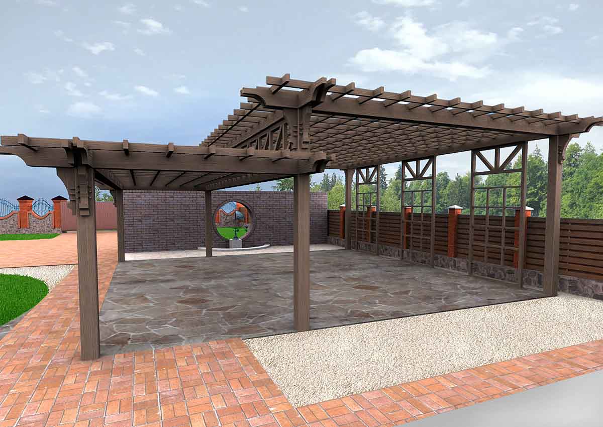 patio with fence and double pergola