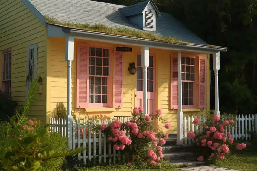 yellow cottage with pink shutters