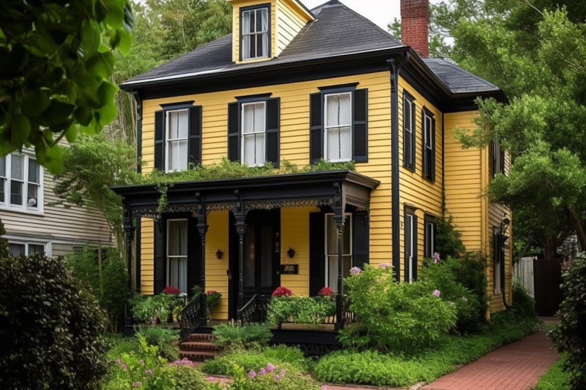 Yellow home with black shutters