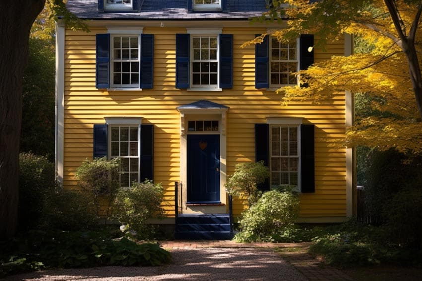 yellow with navy blue shutters