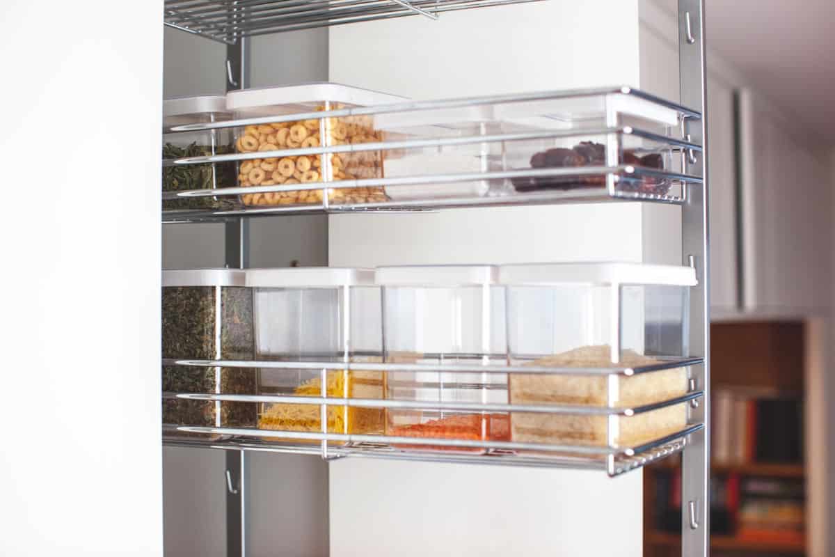 adjustable metal shelves in kitchen
