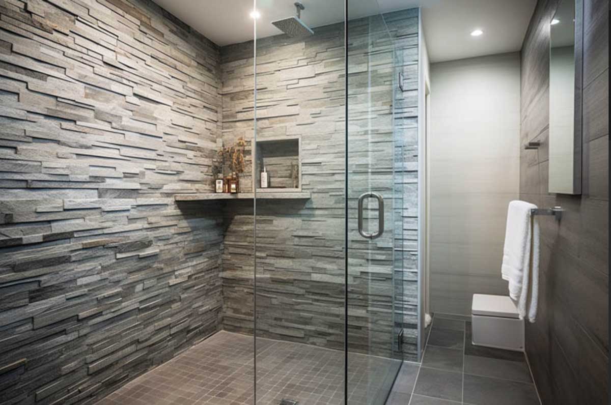 contemporary shower with smooth white stacked faux stone