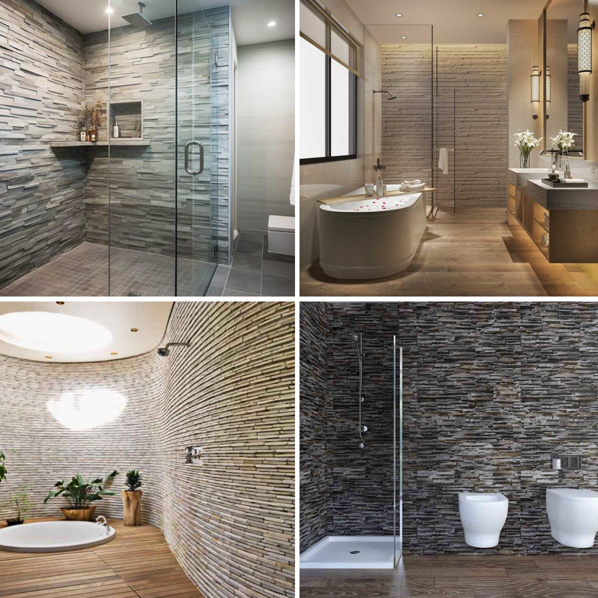 different bathroom designs with stacked stone showers