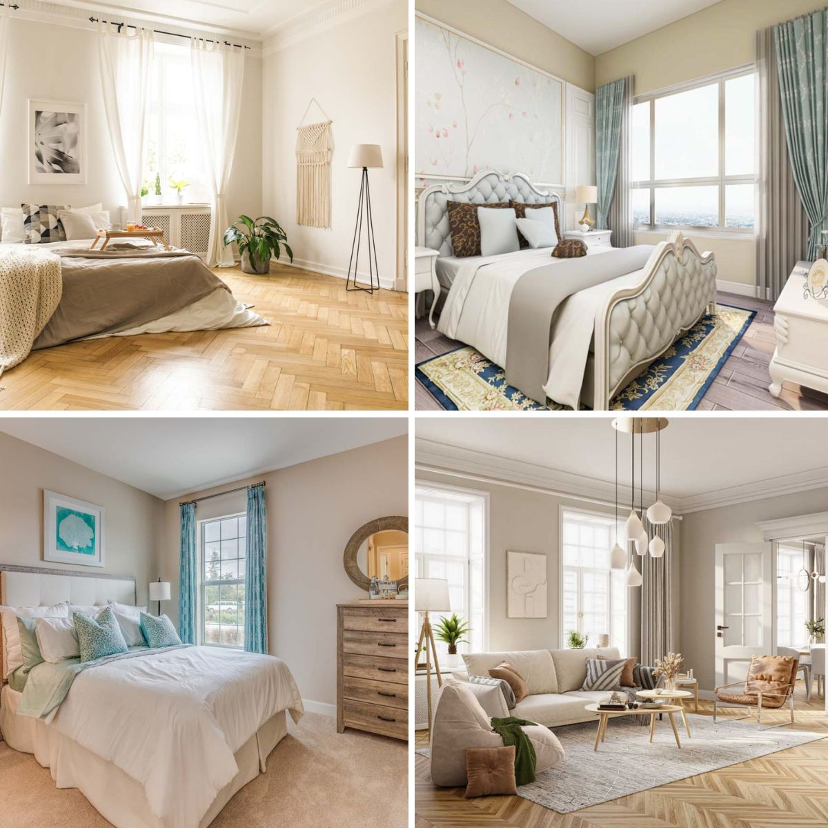 different rooms with cream walls and curtains
