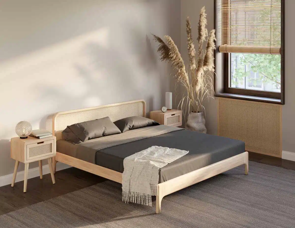 Japandi bedroom with foam mattress bedsheet nightstand and windows