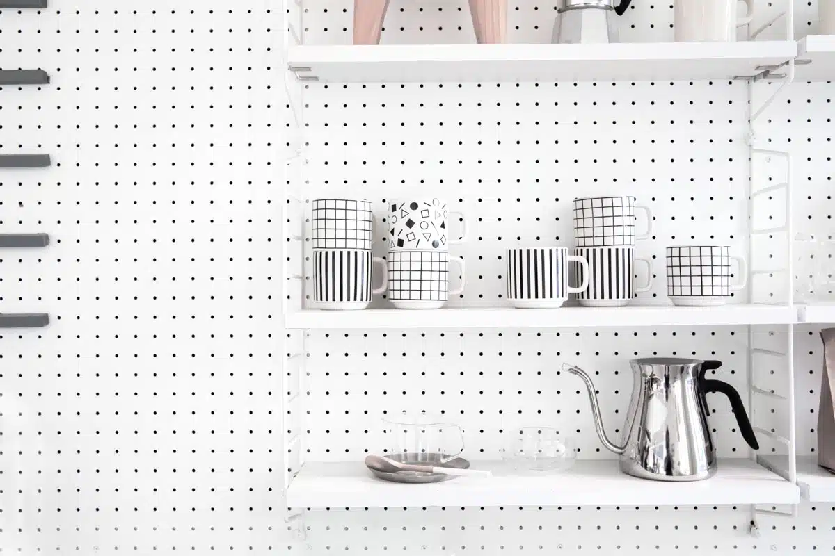 kitchen with pegboard and shelves