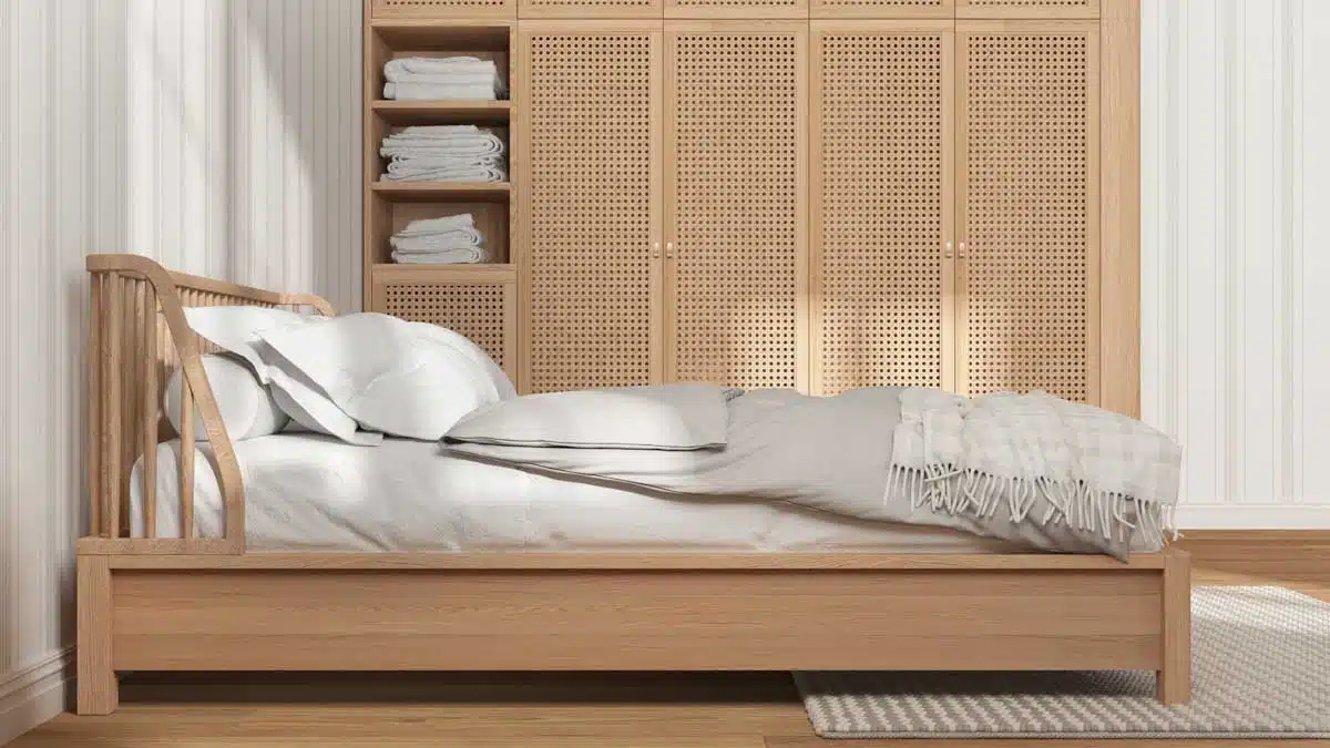 microfiber bedsheet on bed with pillows and wood cabinet